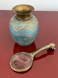 Vintage Brass Enamel Vase And Brass Magnifying Glass With Claw Handle