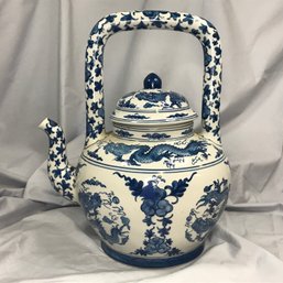 VERY Large Vintage Blue & White Teapot With Dragons - Very Interesting Piece - Bright Colors And Images