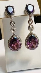 PRETTY SILVER TONE PURPLE AND WHITE STONE DANGLE EARRINGS