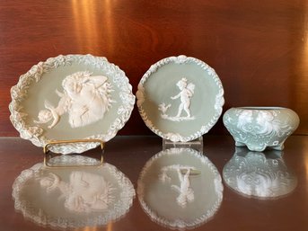 Trio Of Antique Jasperware Olive-green Porcelain Items.