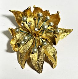 Gold Tone Vintage Brooch Having Three Dimensional Rhinestones (some Verdigris)