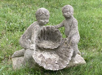 Vintage Cast Cement Garden Statuary: Two Children With Shells, Fountain Top