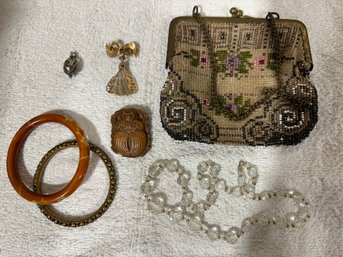 Vintage Lot Purse, Bangles, Crystal, Wood, Scarab And More