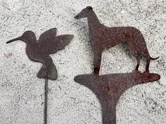 A Pair Of Metal Garden Silhouettes - Hummingbird And Dog Themed