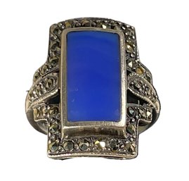 Art Deco Style Sterling Silver Ring W Opaque Blue Stone And Marcasites About Size 7