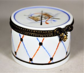 Fine Hand Painted Limoges Porcelain Patch Box In The Form Of A Field Drum