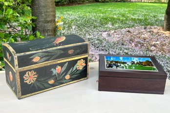 A Pairing Of Fine Wood Fabric Lined Boxes