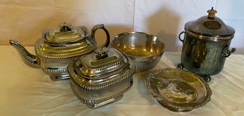 Three Piece Silvered Pottery And Two Pieces Of Silver Plate