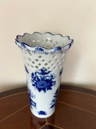 Blue & White Porcelain Vase With Latticework Neck