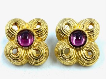 Stunning Vintage Signed Givenchy Goldtone Earrings W/ Purple Stone