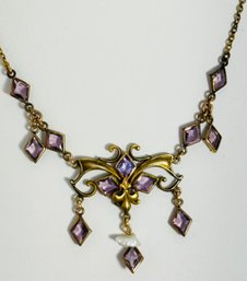 ABSOLUTELY GORGEOUS VINTAGE 12K GOLD-FILLED AMETHYST GLASS DANGLE NECKLACE