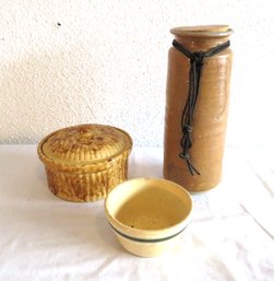 Spongeware Covered Bowl And Pottery Lot Of 3 Pieces