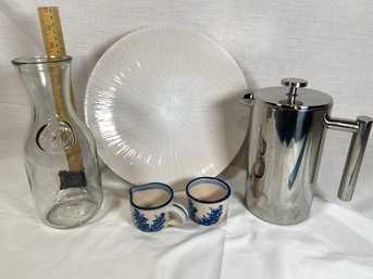 Dorchester Pottery Cream & Sugar Set, Kuissential Stainless French Press, Pier 1 Imports Shanghai White Plate