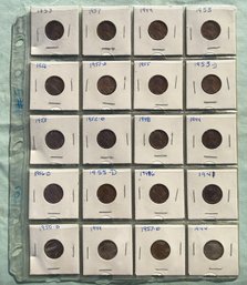 Lot Of 20, 1941 - 1957 Wheat Back U.s. Pennies Penny Coins - Mounted & Sleeved