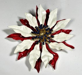 Vintage Large Red And White Enamel Flower Brooch With Rhinestones