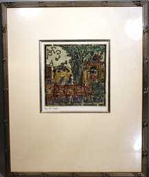 Vintage Asian Signed Woodblock Print Figures On Bridge Framed