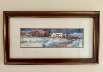 Winter Farm House Watercolor Scene - Signed Ludlow Thorston