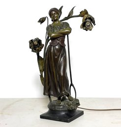 An Early 20th Century Bronze Newel Post Lamp 'La Moisson'