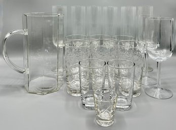 V6 Vintage Krosnos Flutes, 6 Etched Crystal Water Glasses, Glass Pitcher & More Glassware