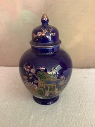 Cobalt Blue Gold Trim Japan Flowers With Wagon Vintage Ginger Jar