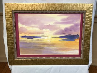 Lovely Unsigned Watercolor On Paper Of Sunset - Very Nice Painting - Nice Custom Frame