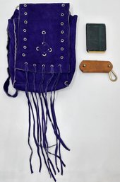 1970s Purple Suede Shoulder Bag, Small Leather Key Chain, Vintage Leather & Metal Card Case