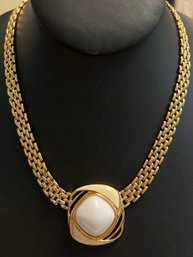 SIGNED TRIFARI GOLD TONE CREAM AND WHITE ENAMEL NECKLACE