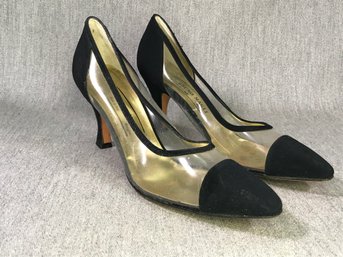 Fantastic Vintage BRUNO MAGLI  Gold Lame Satin & Clear Pumps - Size 8.5 AA US / 41-42 Eur - Very Vintage !