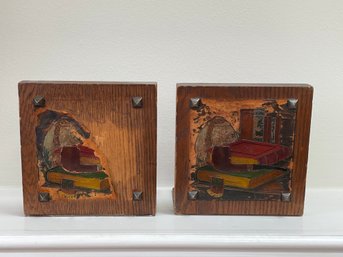 Vintage Oak Bookends With Pipe And Book Scene On Leather