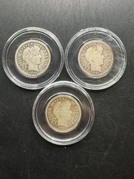 3 Barber Silver Dimes 1897, 1898, 1899