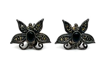 Vintage Sterling Silver Marcasite Onyx Color Butterfly Earrings