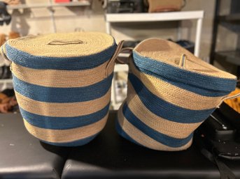 Two Beautiful Woven Blue & Tan Striped Baskets With Lids        BSMT