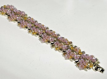 Gold Tone Vintage 1960s Pink Plastic And White Rhinestone Floral Bracelet