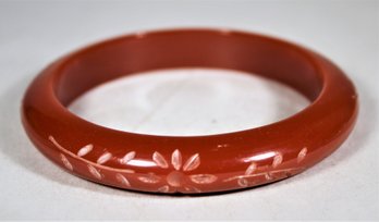 Dark Pumpkin Colored Bakelite Plastic Carved Bangle Bracelet