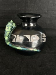 Unique Green Lizard Climbing Up Black Pottery From Mexico