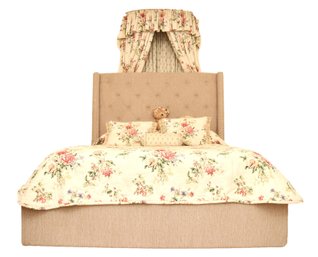 Raymour & Flanagan Ecru Upholstered Tufted Bed With Storage & Sealy Mattress Bedding Included