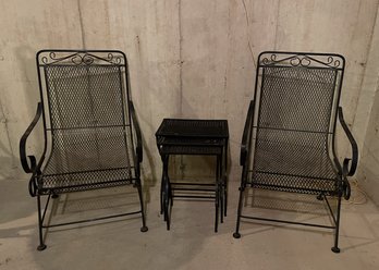 Pair Of Wrought Iron Lounge Chairs & Coordinating Nesting Tables