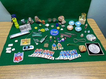 Lot Of Collectibles. Slot Car, 1938 New Haven Medallion, Owls, Oil Can, Beer Bottle Opener, Military Pins Plus