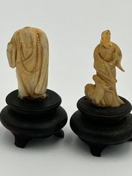 Pair Of Antique Japanese Carved Figures On Fitted Stands