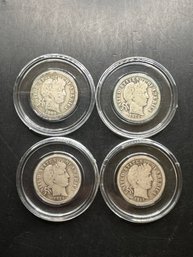 4 Barber Silver Dimes 1908, 1913, 1914-D, 1916