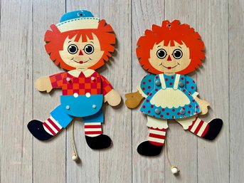 Vintage Raggedy Ann & Andy Wood Cut Out Toys With Movable Limbs By Heller Kunst, Made In West Germany