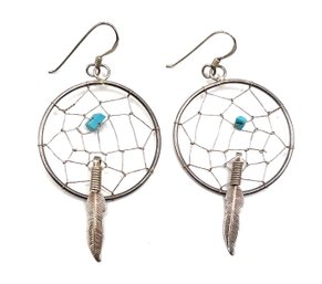Native American Sterling Silver Dream Catcher Dangle Earrings