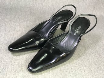 Fabulous Like New CALVIN KLEIN Black Leather Sling Backs - Fine Quality - Made In Italy - Size 7M  US / 40 Eur