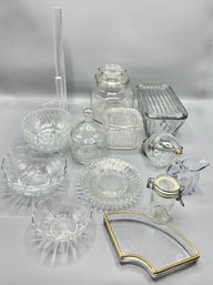 Vintage Covered Glass Canisters, Small Glass Bowls, Plexiglass Paper Towel Holder & More