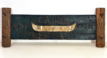 A Large Vintage Adirondack Hotel Sign, Turned Into Coat/Hat Hook Wall Unit - 'Canoe Rentals'