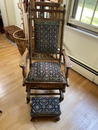 ANTIQUE CARPET ROCKER WITH MATCHING STOOL