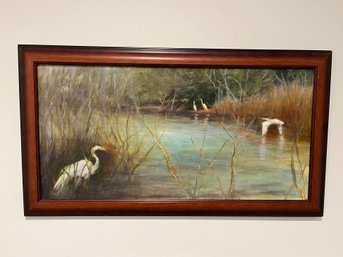 Birds In A Marsh Oil On Canvas By Joan Poarch (American) Signed On The Stretcher