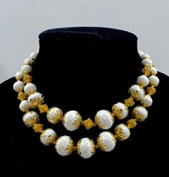 Vintage Signed Deauville 2-strand Goldtone & White Bead Necklace