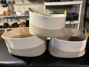 Set Of 3 Matching White And Tan AVA Woven Rope Baskets             BSMT