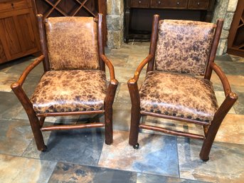 Pair (1 Of 2) Incredible OLD HICKORY Chairs - Paid $1,495 EACH - With Distressed Leather / On Casters - WOW !